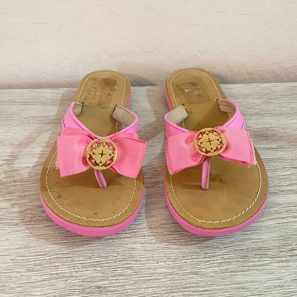 Kate Spade Sandals 6 Ida Pink Ribbon Gold Logo Flip Flops - Picture 1 of 10